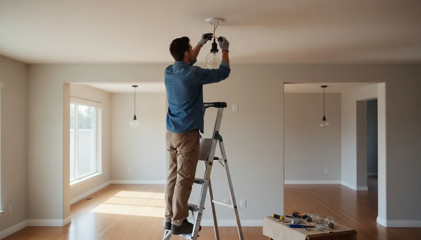 En person på en stige monterer en pendelpære i loftet i en lys lejlighed med værktøj på et bord.