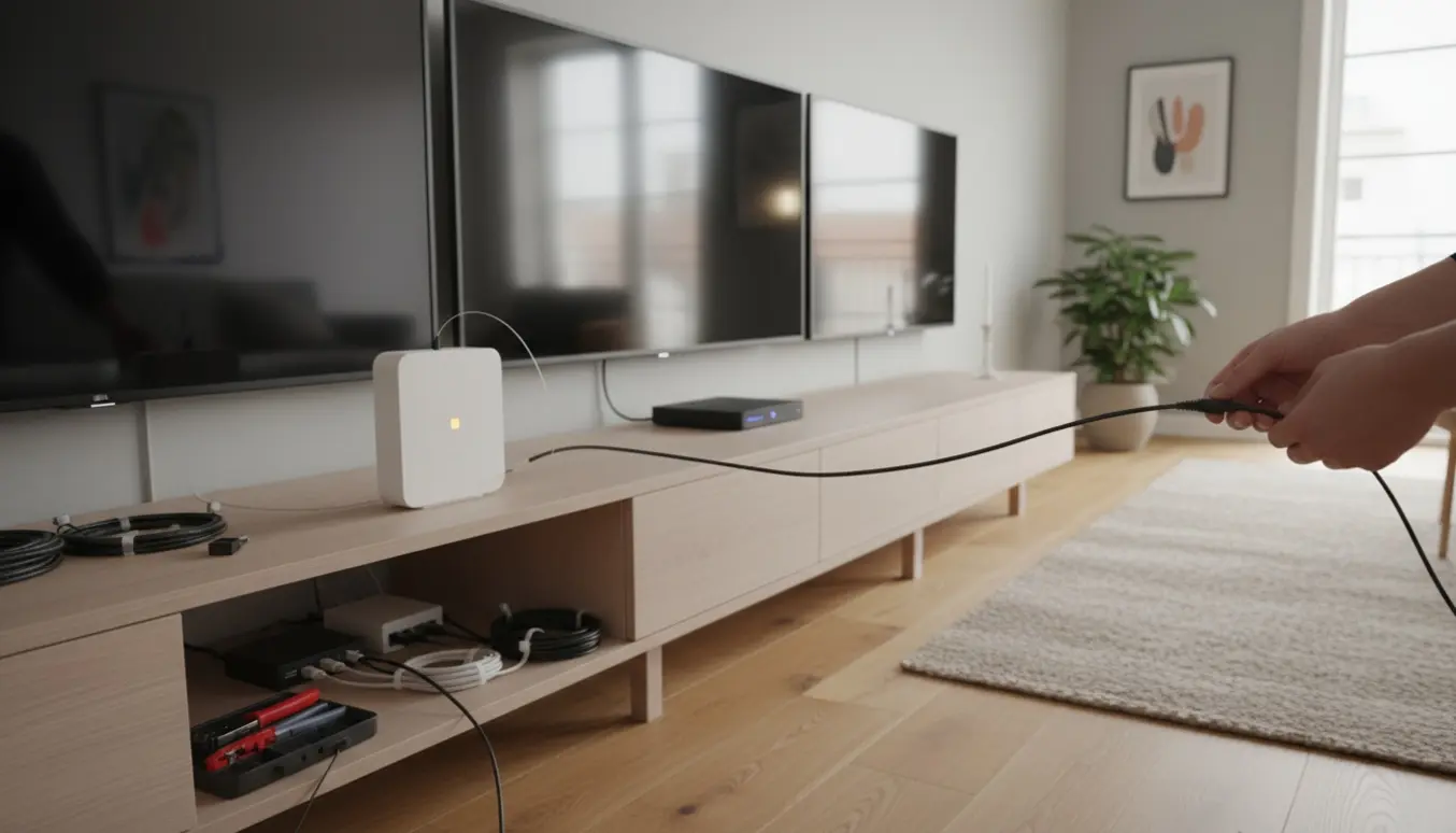En tekniker tilslutter en router og en fiberboks, mens tre vægmonterede tv'er og kabeludstyr ses i en lys, ryddelig stue.