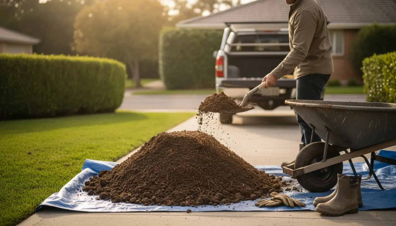 En ca. 1 m³ bunke opgravet jord, hvor en person fylder en trillebør med en skovl.