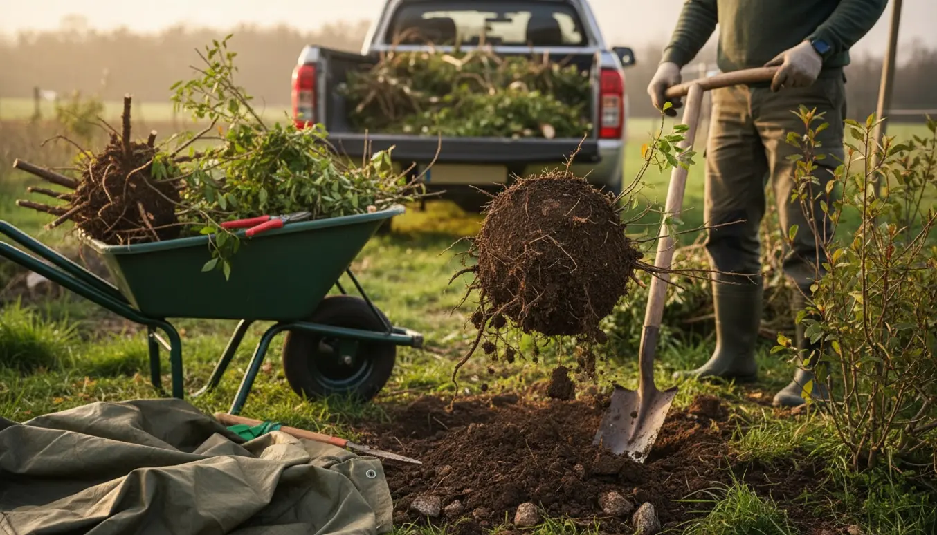 Opgravning af krat og buske i en have med rodklumper, trillebør og trailer klar til bortkørsel.
