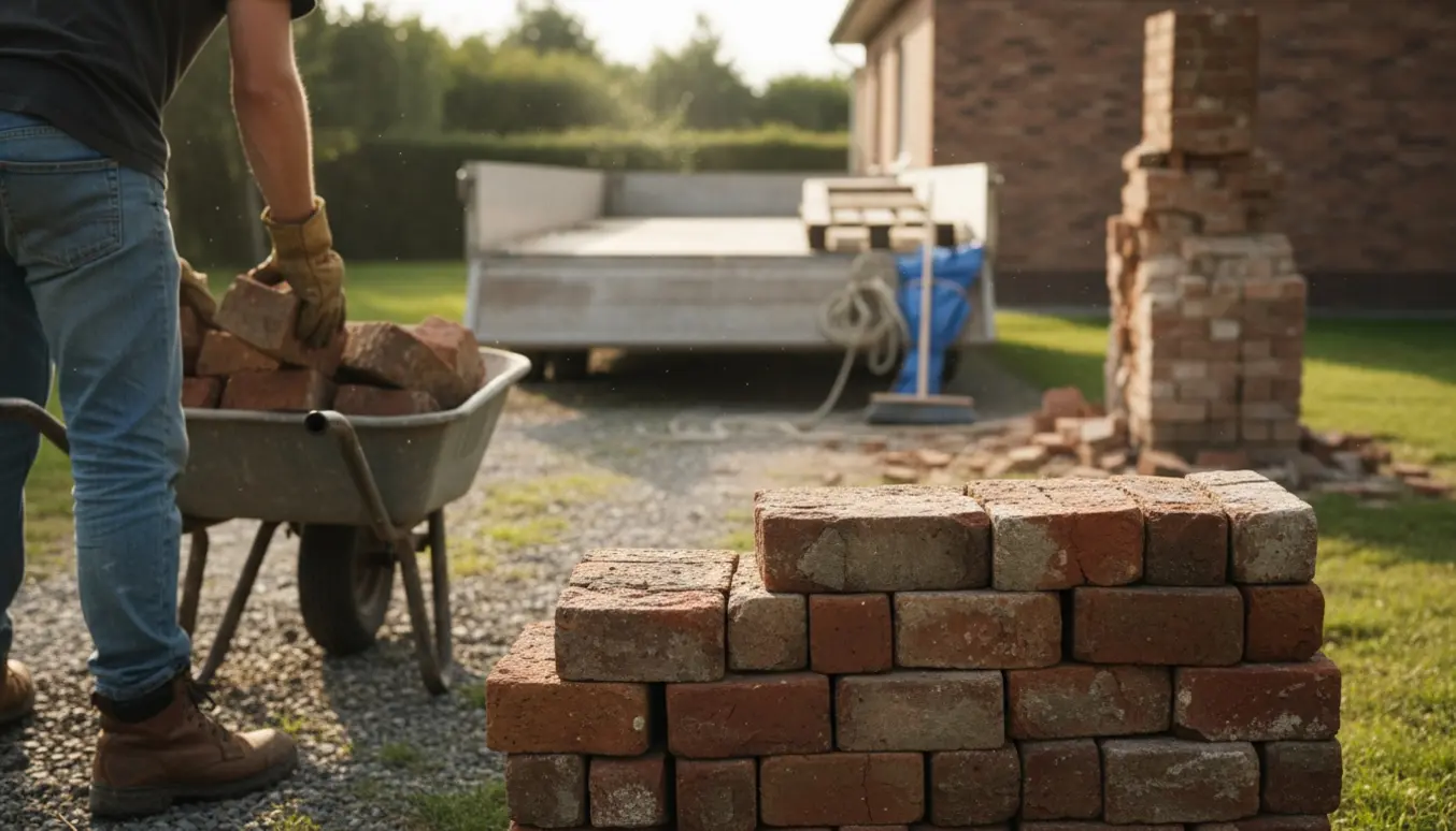 Stak af brugte mursten og en trillebør i en baghave klar til bortkørsel mod en trailer i baggrunden.