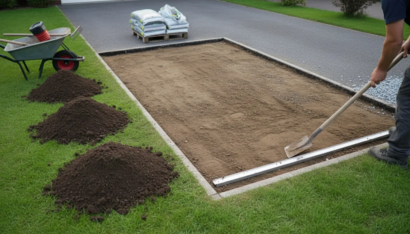 En person skraber det øverste jordlag af en indkørsel, med jorden i bunker til venstre og poser med granitskærver klar.