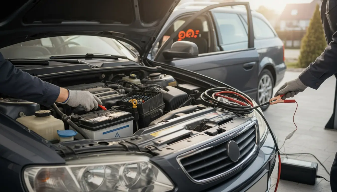 Motorhjelm åben på en mørk stationcar, handsker på hænder tester batteri og sikringsboks med multimeter.