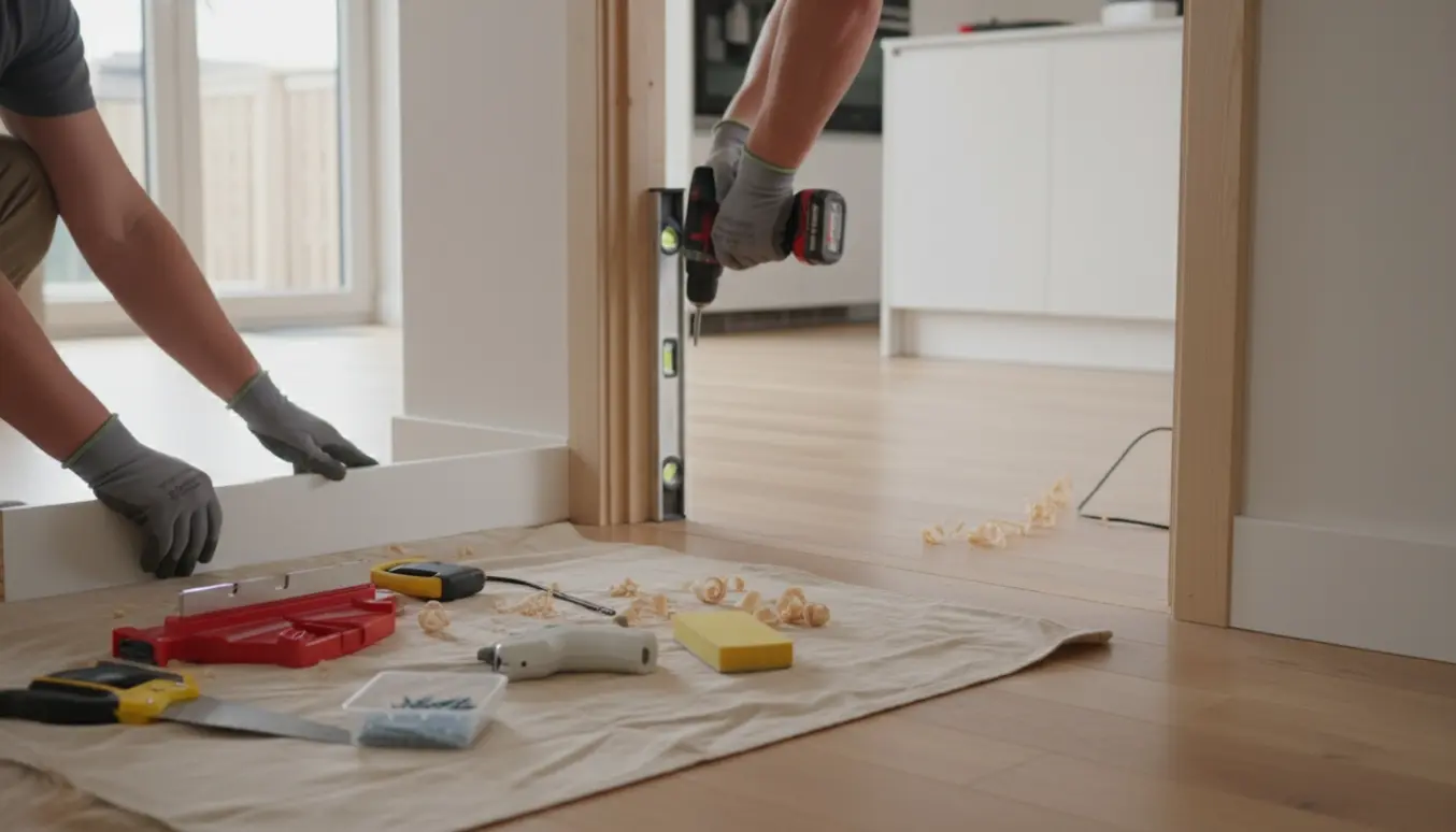 Håndværker sætter lister op og monterer to dørkarme i et lyst køkken.