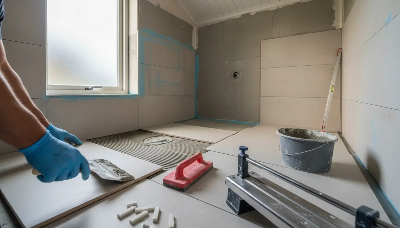 Halvt færdigt sommerhusbadeværelse med vådrumssikring, lyse fliser og værktøj, hvor hænder placerer en flise.