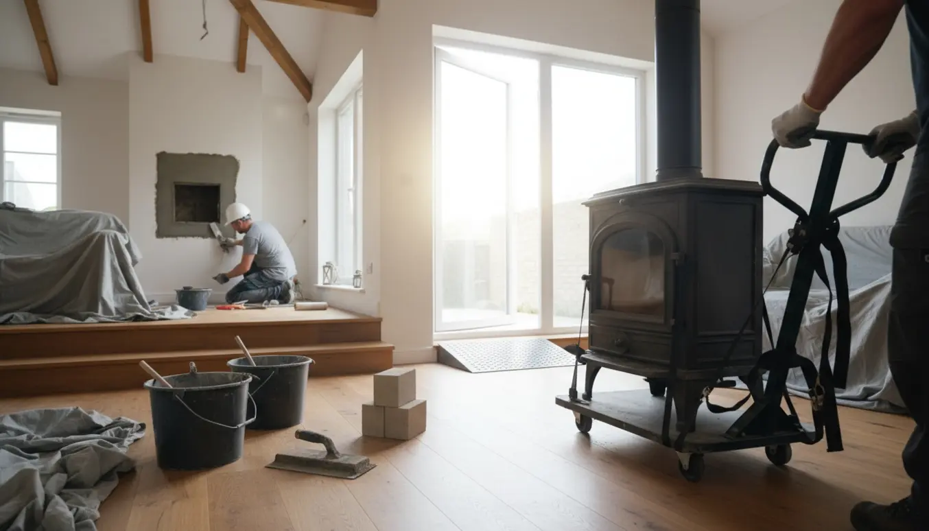 Tung brændeovn på vogn trækkes gennem åben terrassedør, mens hul til skorsten mures sammen i stuen.