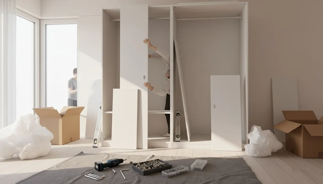 Delvist monteret høj, modulært skab i et lyst soveværelse med værktøj og paneler klar til opsætning.