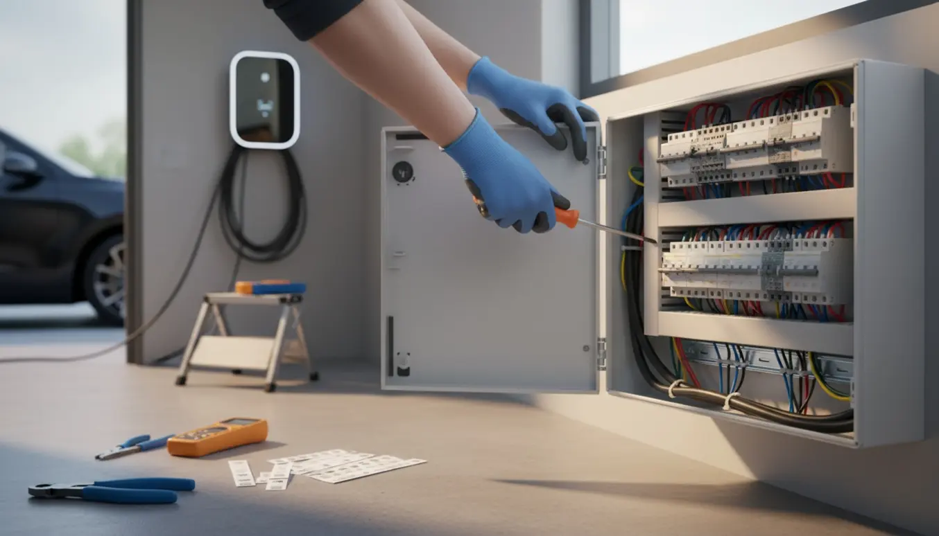 Elektrikerens hænder monterer en ny eltavle i en garage ved en hjemmelader.