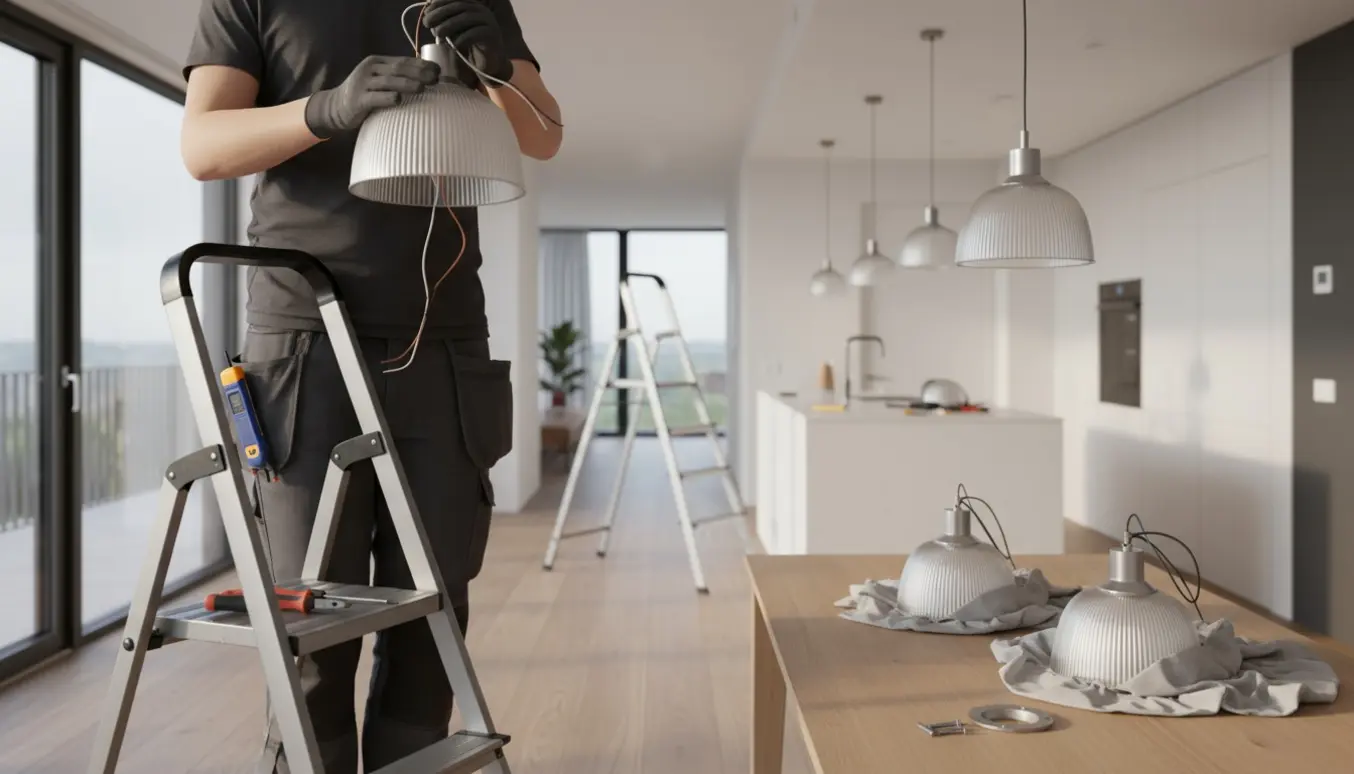 Person tager loftslamper ned i en moderne lejlighed med stige og værktøj.