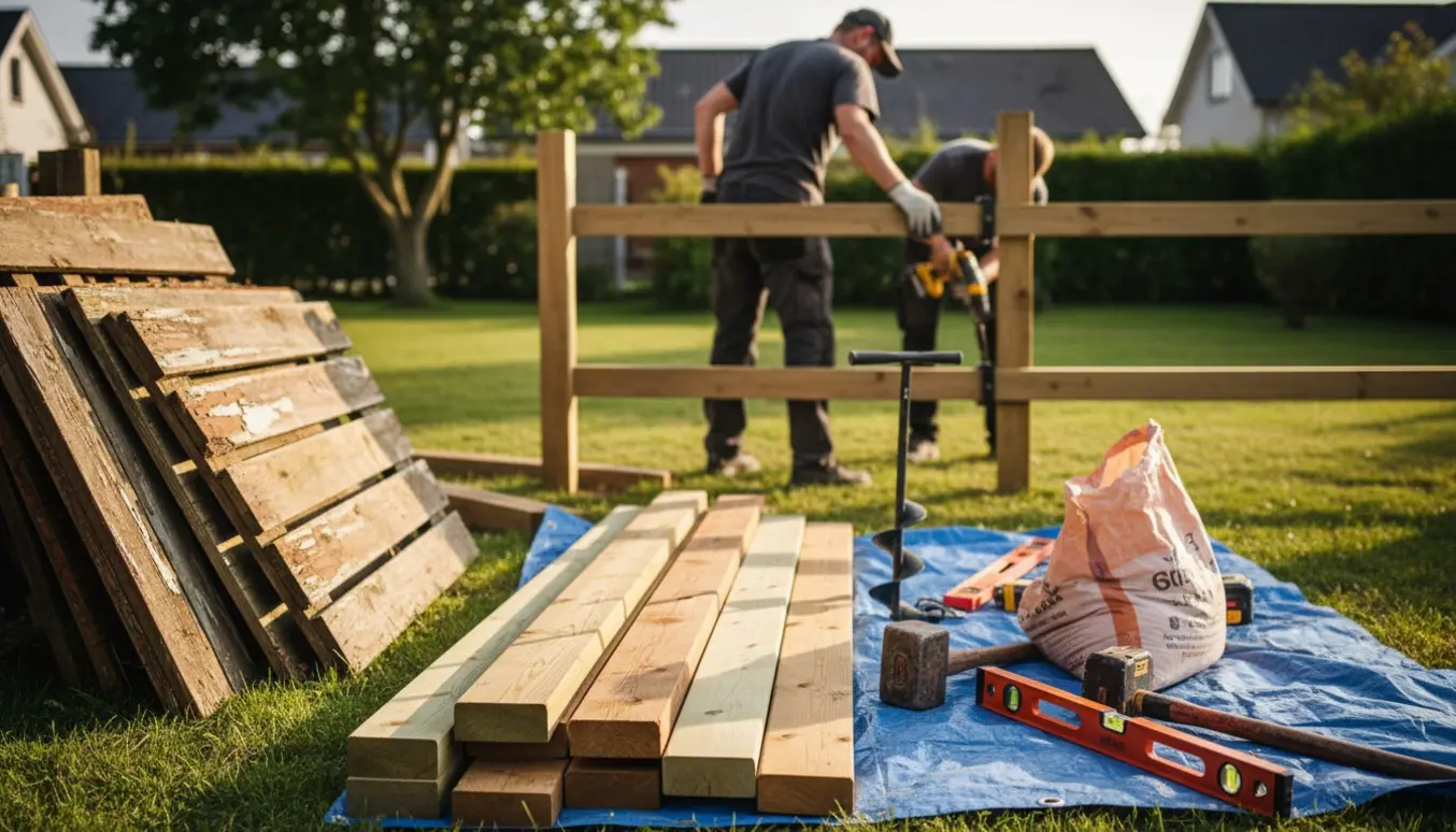 Udsnit af en have i Roskilde med fjernet gammelt raftehegn og nye stolper og rafter klar til opsætning.
