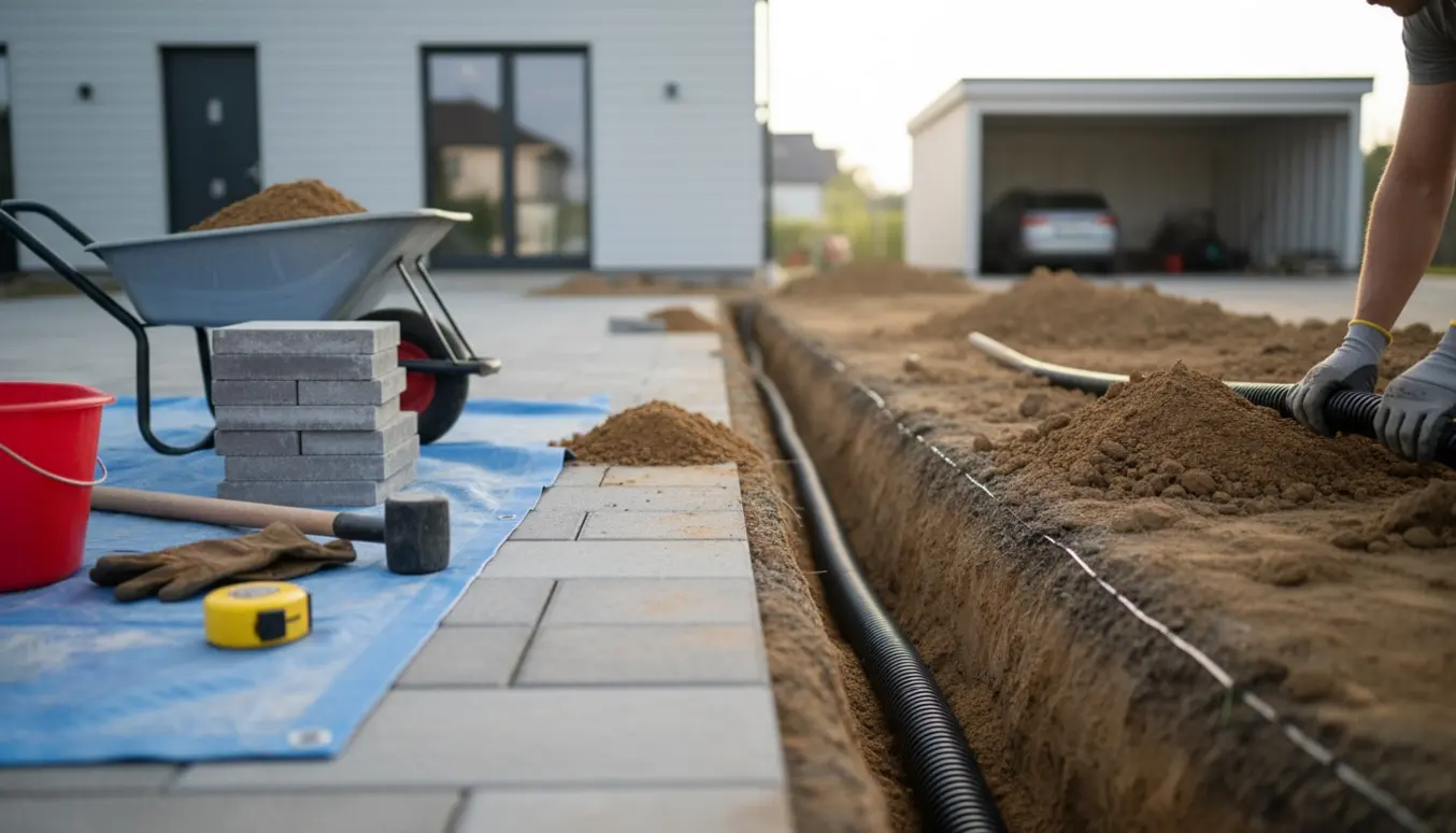 Udgravet rende til ladekabel mellem hus og carport med fjernede fliser og værktøj lagt klar.
