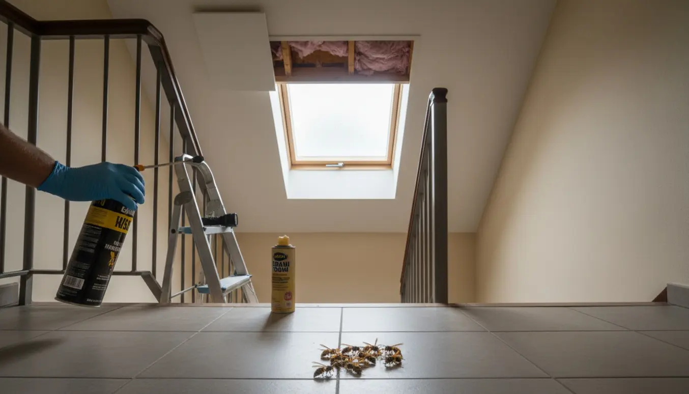 En opgang med døde hvepse under loftsvinduet og handsker og en spraypejl mod en åben skunkluke.