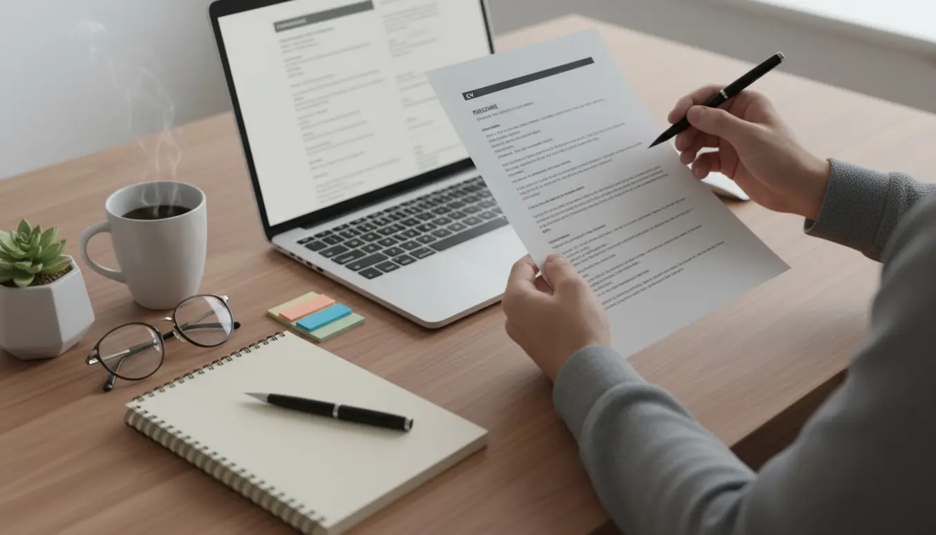 Hænder ved en bærbar og et printet CV på et ryddeligt skrivebord i blødt vindueslys.