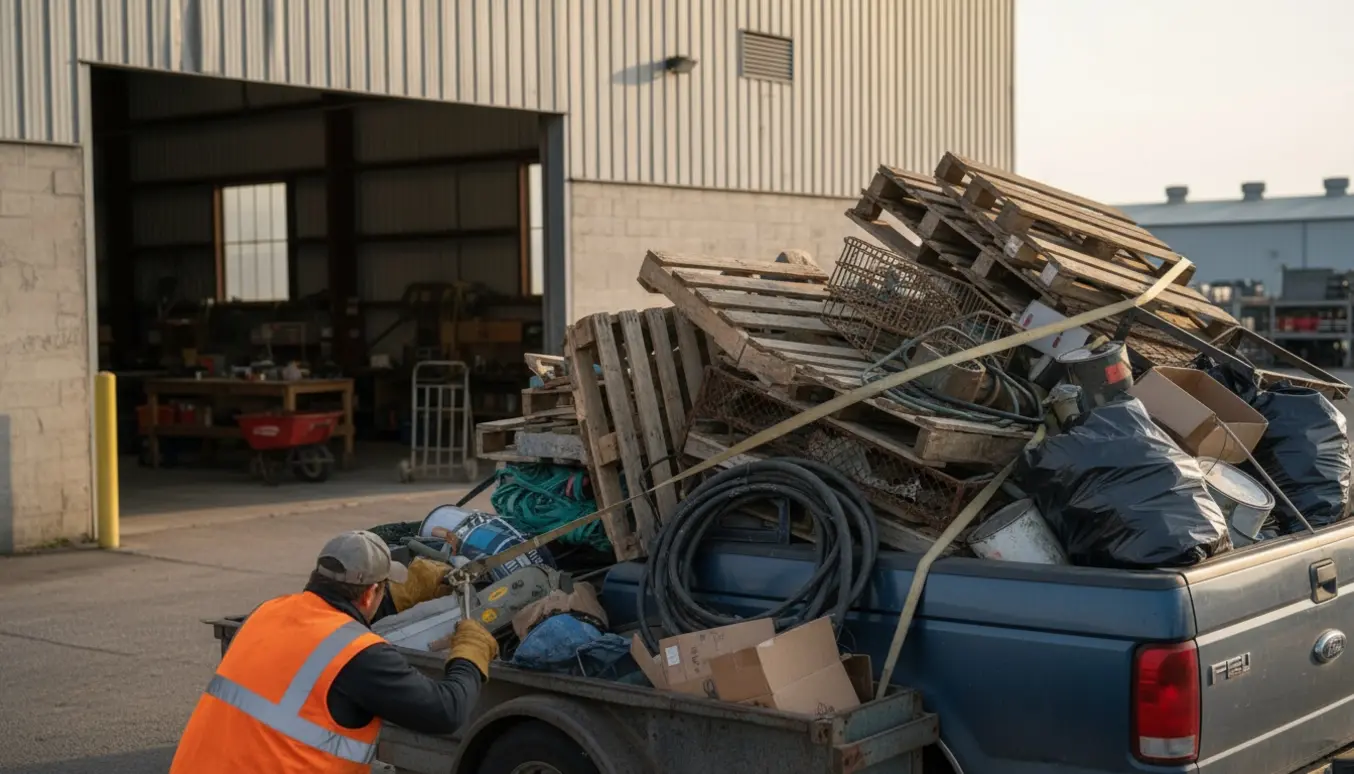 Åben trailer fyldt med værkstedsaffald uden personer med tydelige ansigter, mens en arbejdshandske spænder læsset fast.