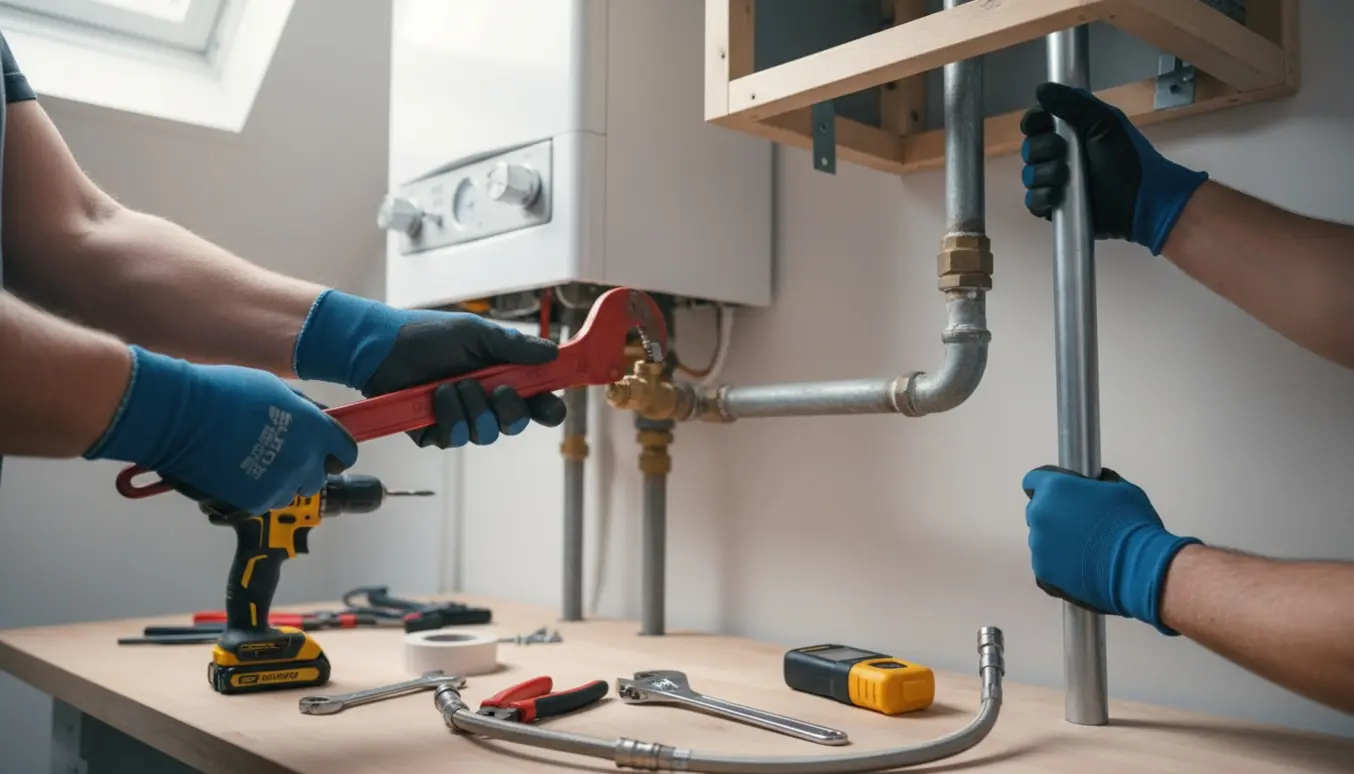 Nærbillede af handskerede hænder, der afmonterer en gasledning ved et husfyr og fører et nyt rør op mod loftet.