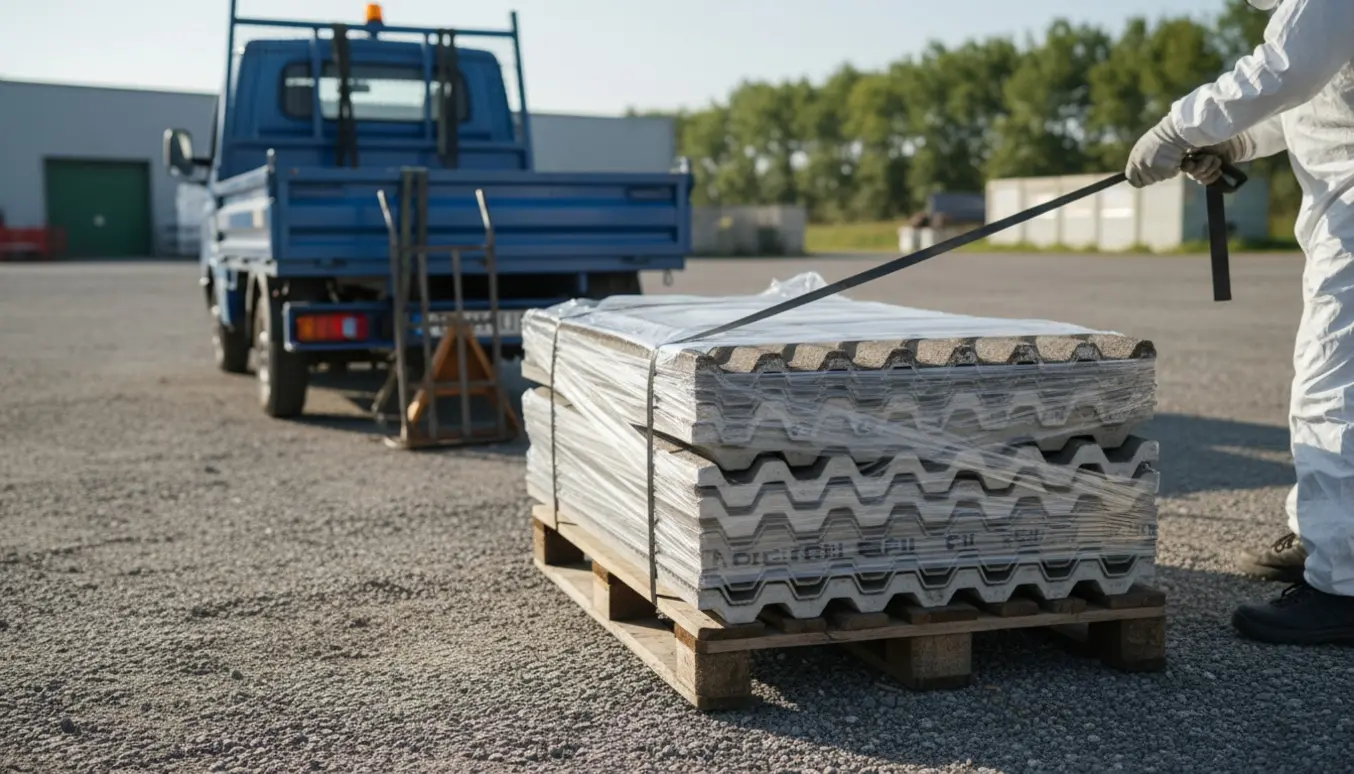 Indpakkede eternitplader to og to ved en varebil, klar til sikker bortskaffelse af asbest.