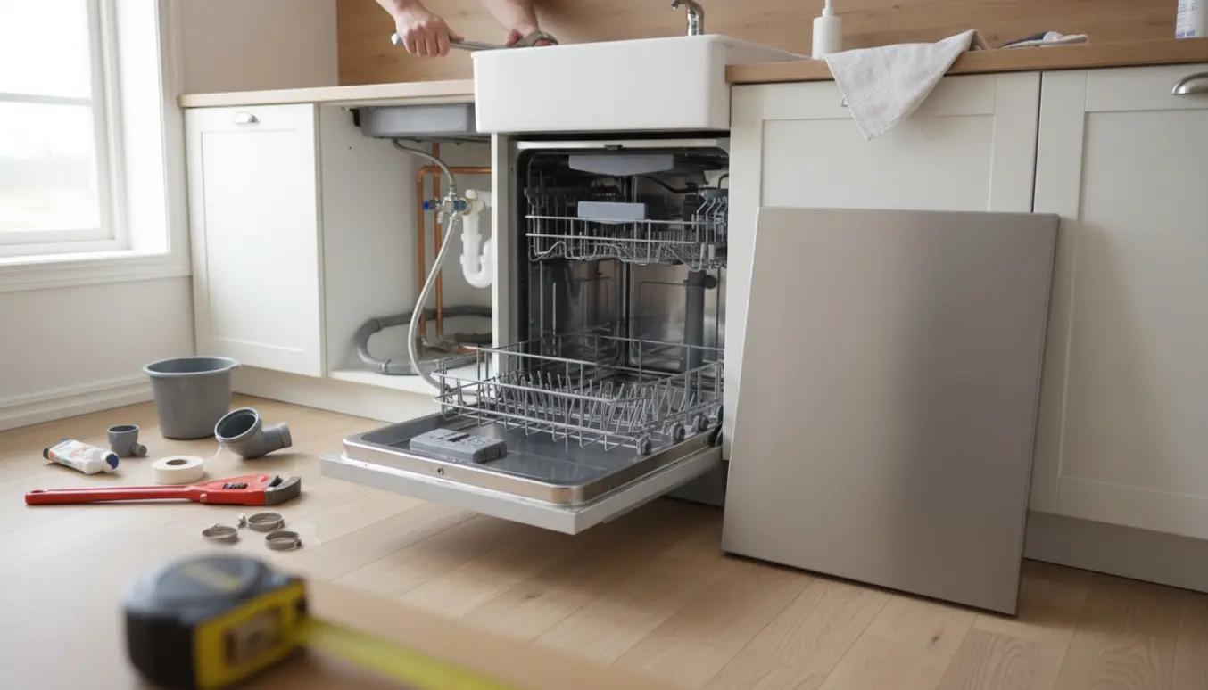 Hænder monterer opvaskemaskine og vandhane i et moderne køkken med afløbsdele og frontpanel ved siden af.