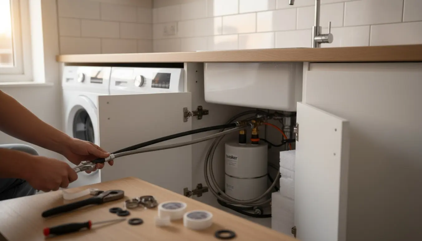 Installation af vaskemaskine, opvaskemaskine og Quooker i nyt køkken med synlige slanger og værktøj.