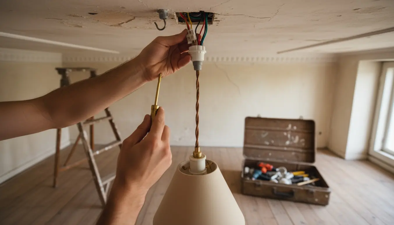 Hænder monterer en loftslampe i en gammel lejlighed med stige og værktøj i baggrunden.
