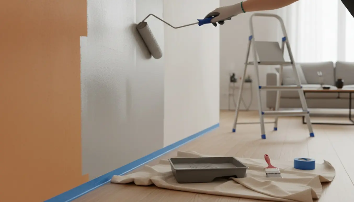 Nærbillede af en orange væg, der males grå med en rulle og en skarp afslutning mod en hvid væg.