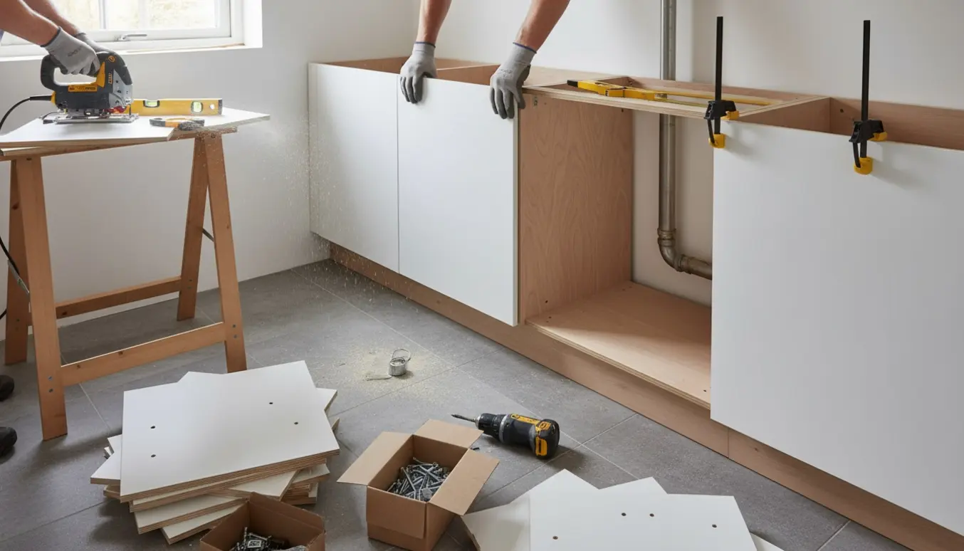 Montering af nyt køkken i et lille rum med en hånd, der skærer et underskab til omkring et metalrør.