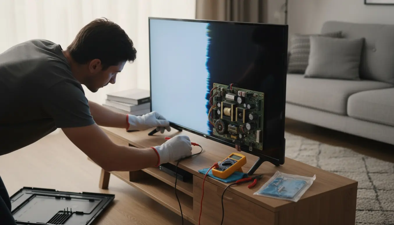 Tekniker arbejder på at reparere et Samsung smart-tv med åben strømforsyning i en lys stue.