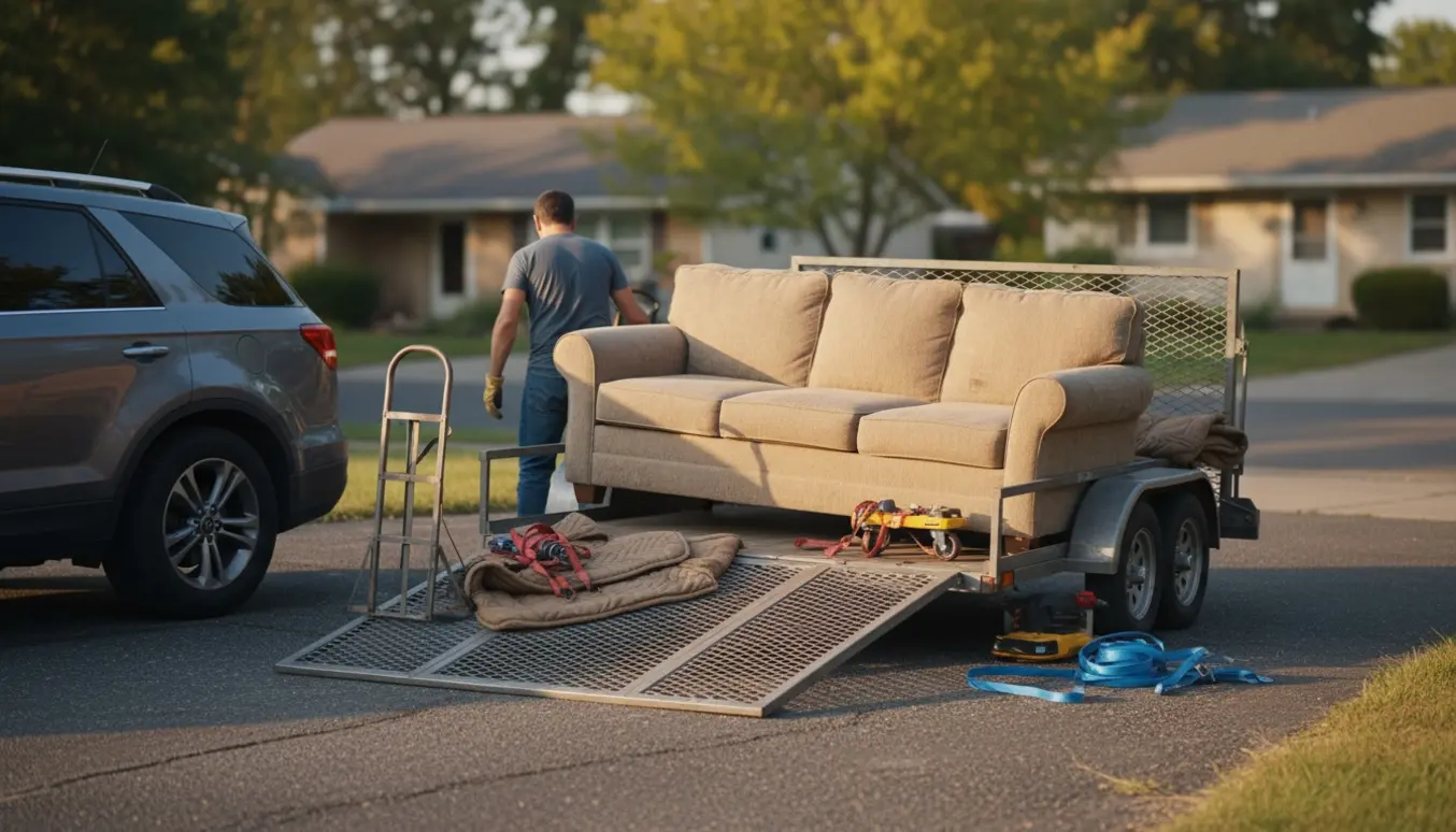 Sofa læsses på en lille trailer ved en boligvej, med håndtag og flytteudstyr klar.