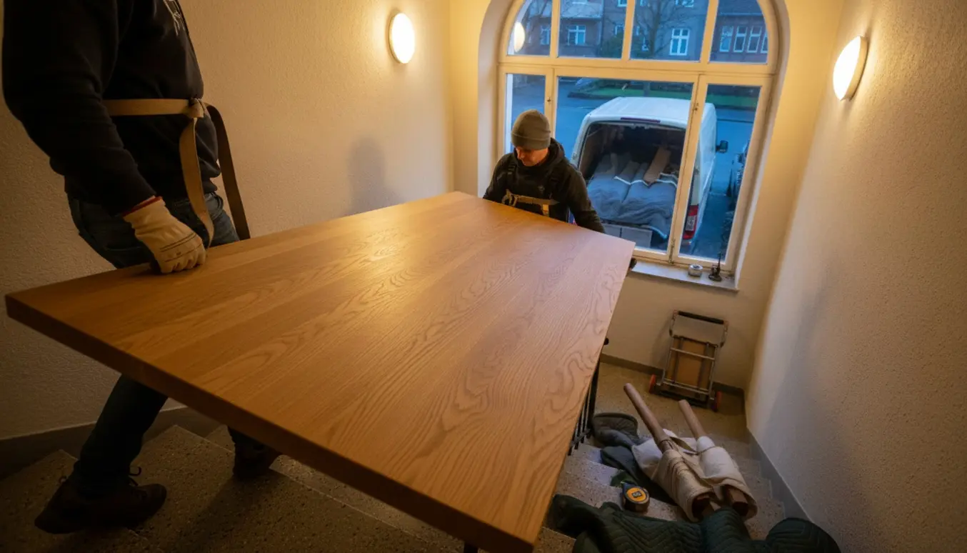 To personer bærer et plankebord op ad en smal trappe om aftenen, med benene afmonteret og en åben varevogn udenfor.