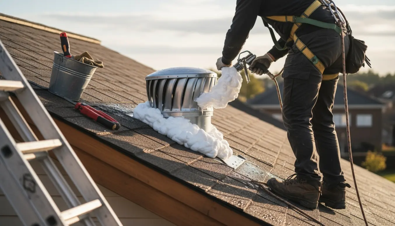 Nærbillede af handsker, der fylder en ventilationsåbning i taget med ekspanderende skum.