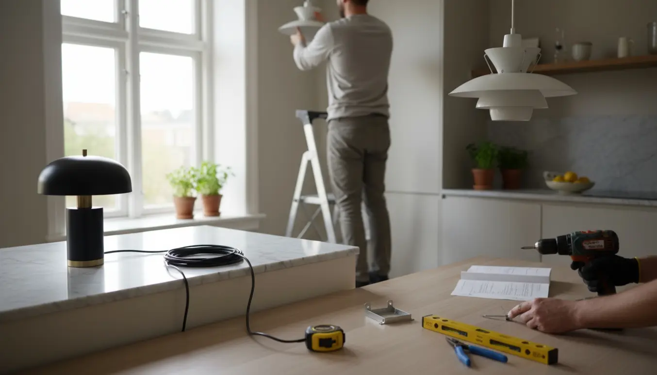 Installation af to PH-pendler over spisebordet og en køkkenbordslampe på en marmorbordplade, hænder i arbejde, ingen ansigter.