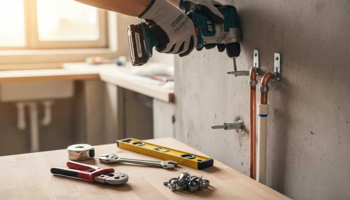 Håndværker fastgør vandrør til en rå betonvæg med skruer og rørbeslag under køkkenrenovering.