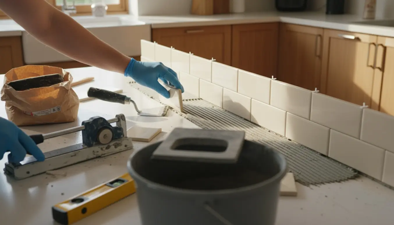 Hænder placerer en enkelt række fliser som køkkenbagkant med fliseskærer og mørkegrå fuge.