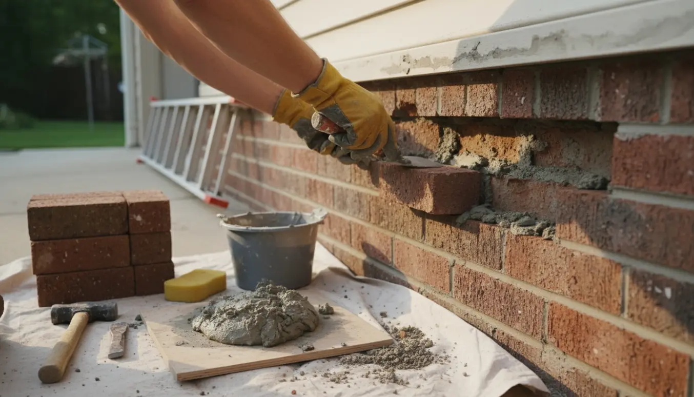 En murer reparerer løse mursten ved en garagevæg med værktøj og erstatningssten i nærheden.