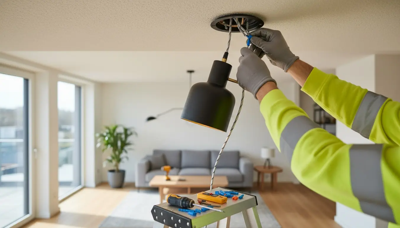 Elektriker monterer en pendel i loftet; kun hænder og værktøj er synlige.