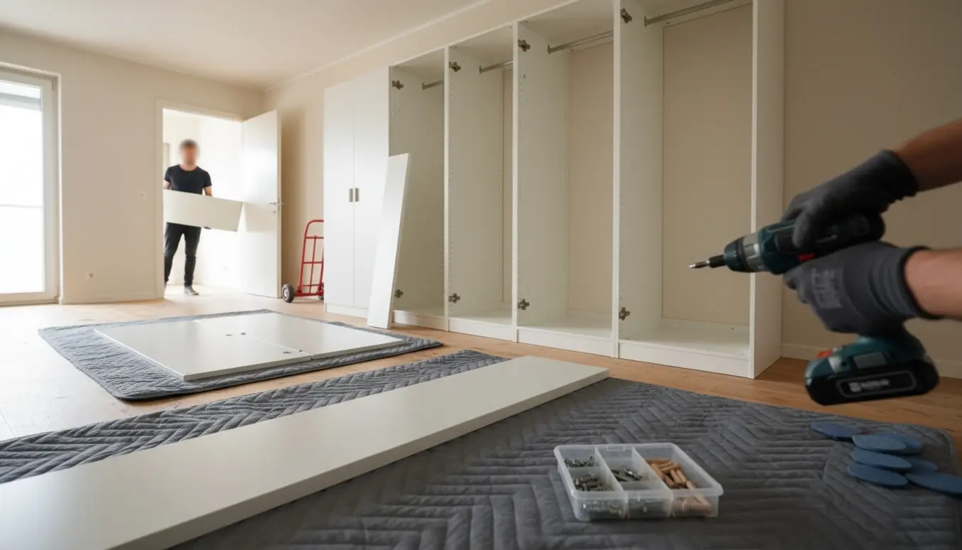 Delvist adskilte garderobeskabe og værktøj, klar til at blive flyttet gennem en åben dør i en tom lejlighed med lavt loft.