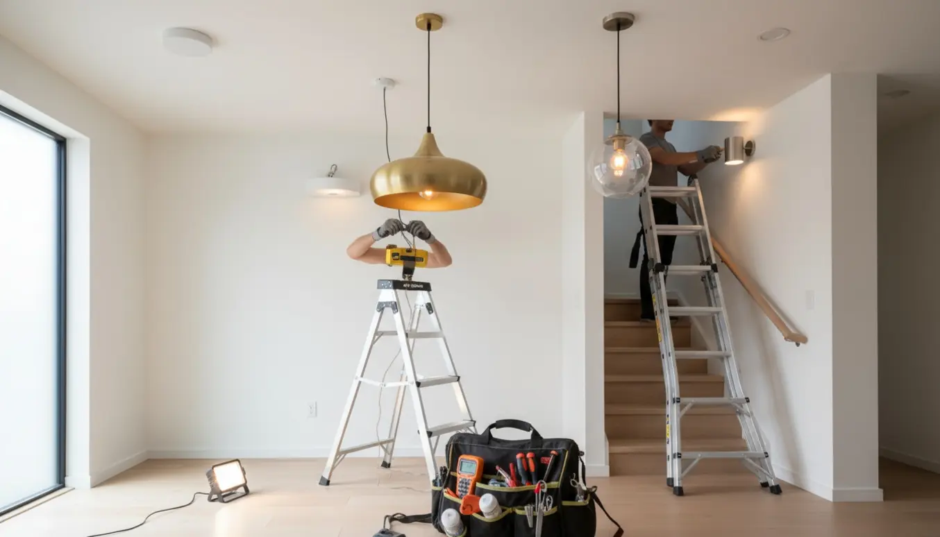 Hænder installerer fem lamper i et hjem med stige, værktøj og en væglampe ved kældertrappen.