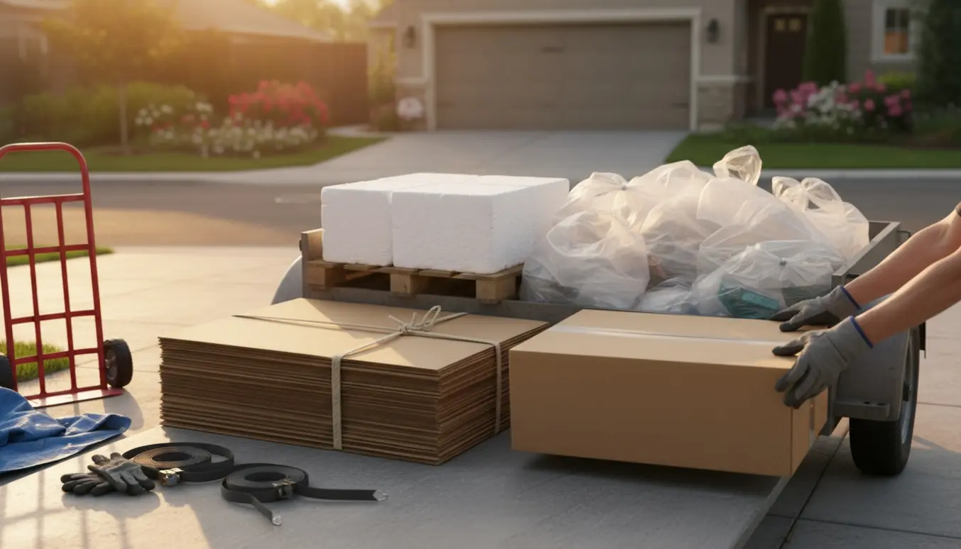 Åben trailer i indkørsel med sorteret pap, flamingo og plastik klar til bortkørsel.