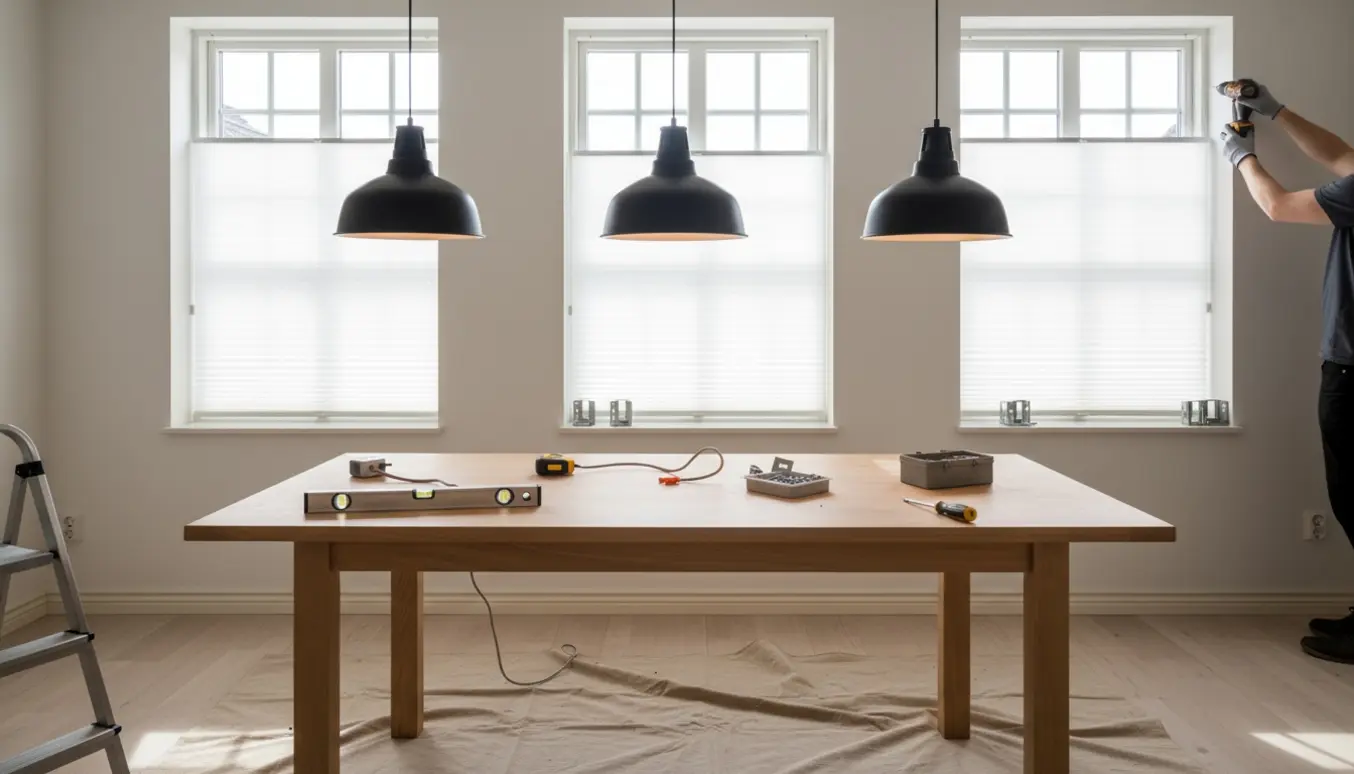 Installation af tre loftslamper og tre plissegardiner i et lyst, moderne rum med fokus på hænder og værktøj.