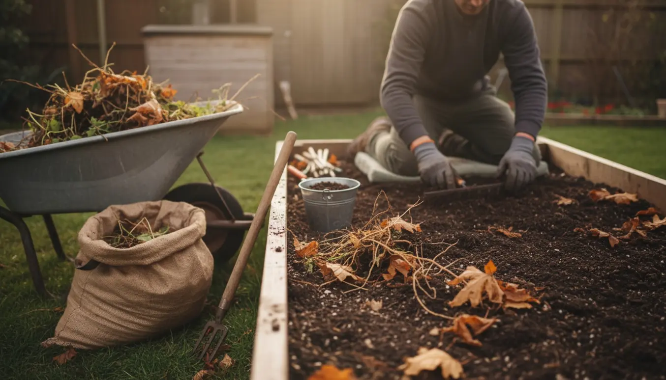 Person forbereder et bed til vinter ved at fjerne ukrudt og læsse det i en trillebør.