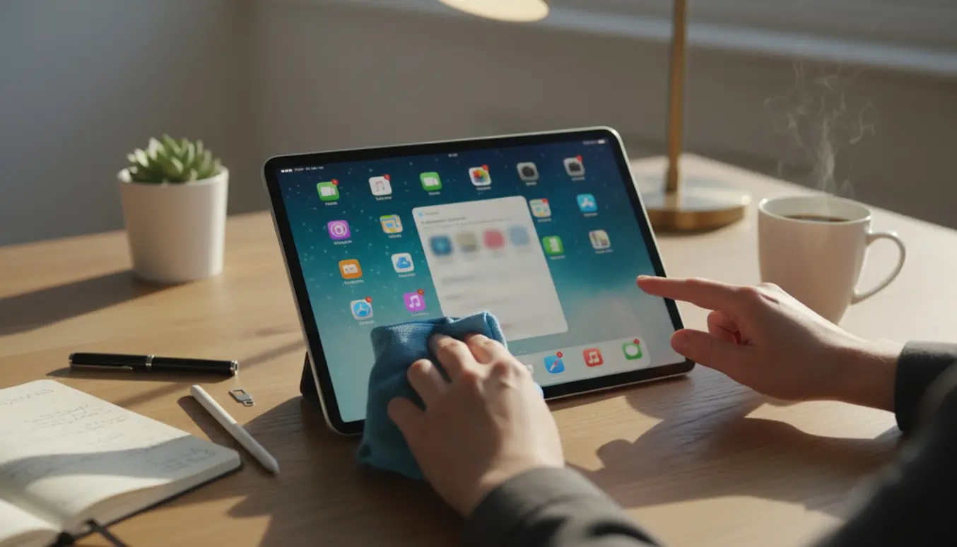 Hænder opsætter og renser en iPad på et træbord med en kaffekop og notesblok ved siden af.