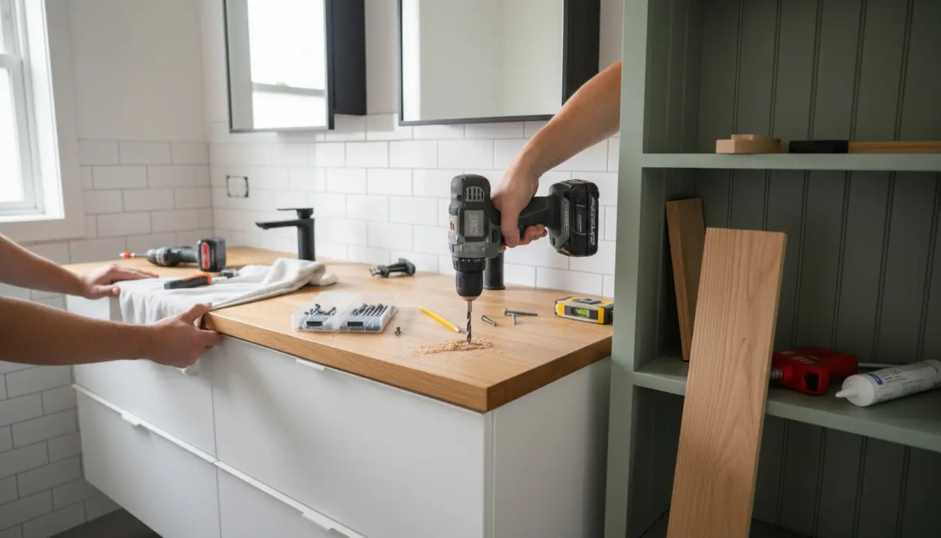 Nærbillede af montering af en træbordplade i et lyst badeværelse med bogreolspaneler og to spejlskabe klar til montering.