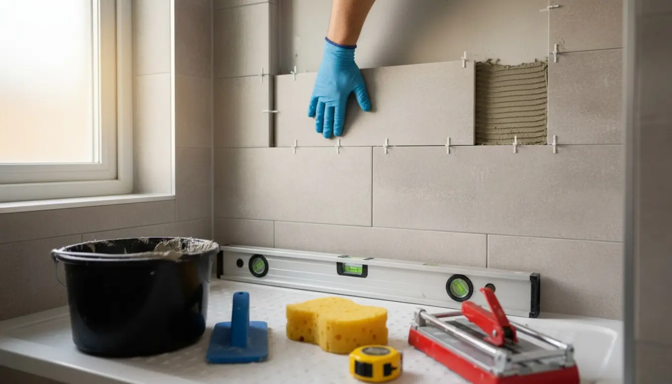 Delvist færdigbruseniche med 30x60 cm keramiske vægfliser, flisekryds og værktøj i naturligt dagslys.