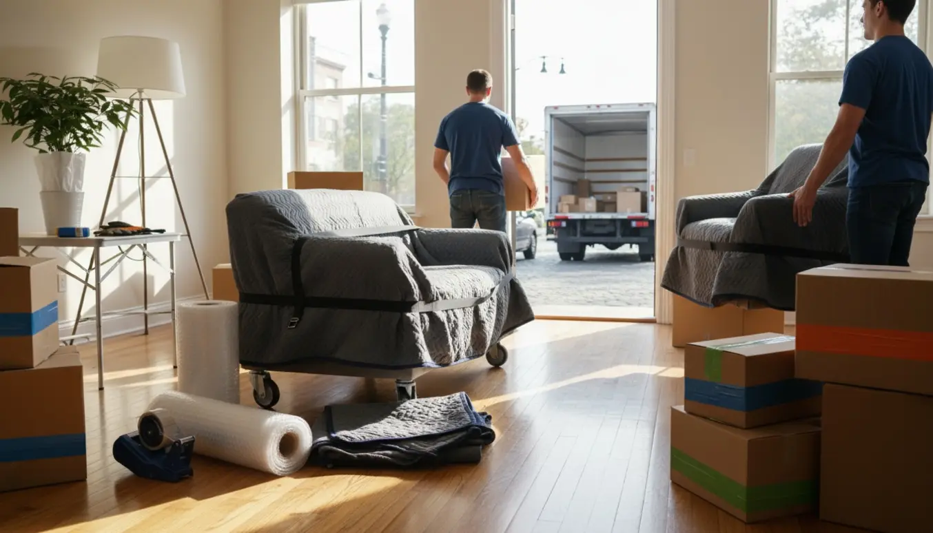 Soloplyst flyttescene med flyttekasser, pakket sofa på dolly og åben flyttevogn uden synlige ansigter.