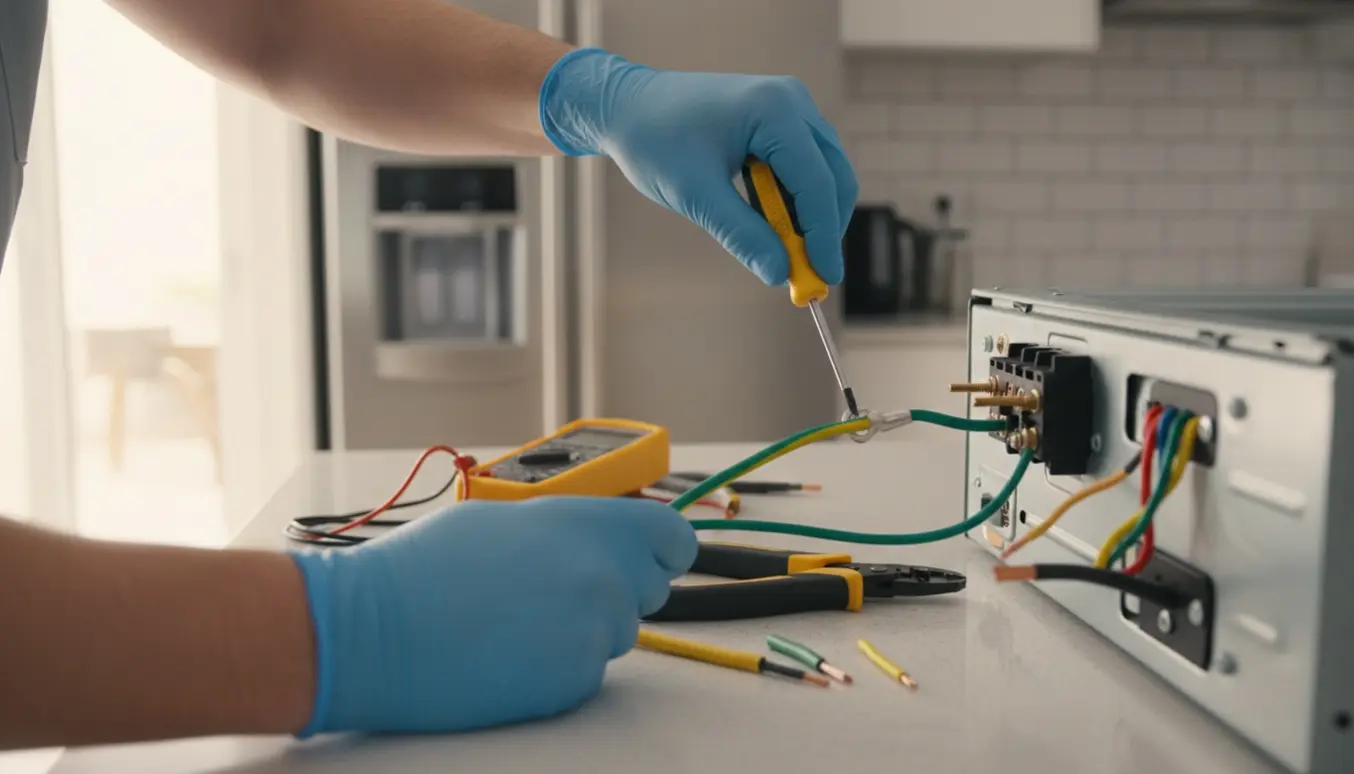 Hænder tilslutter en gul-grøn jordledning til bagenden af en indbygget ovn med skruetrækker.