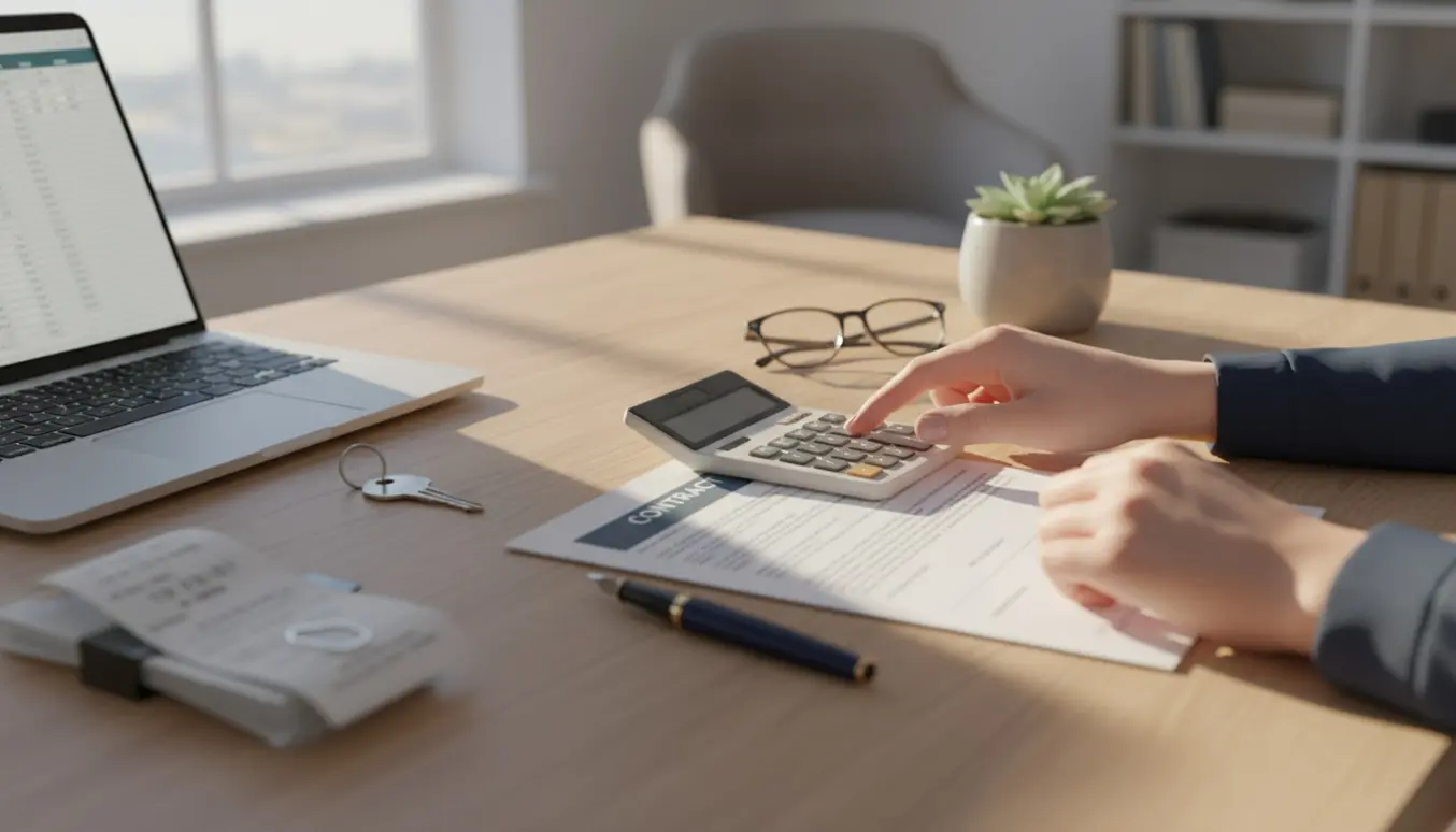 Nærbillede af hænder, der ordner regnskab og juridiske papirer for en lejebolig ved et lyst træbord.