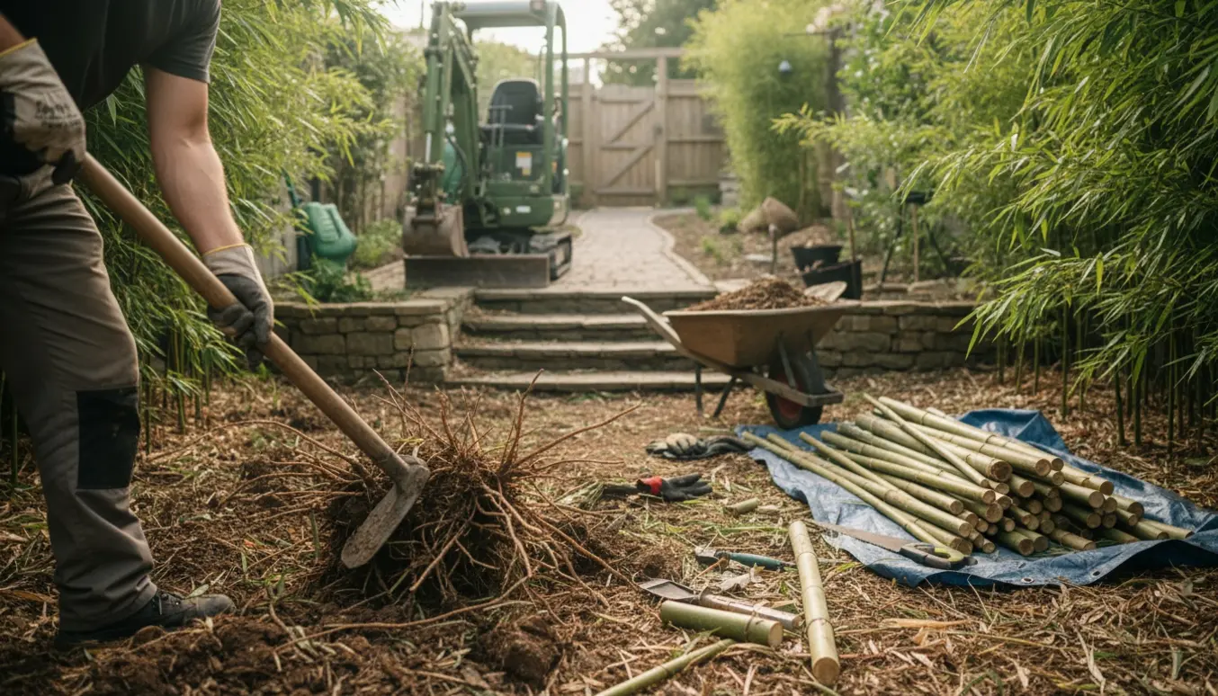 Smal havegang med bambus under fjernelse, spade, handsker og en lille båndgående minigraver ved trappen.