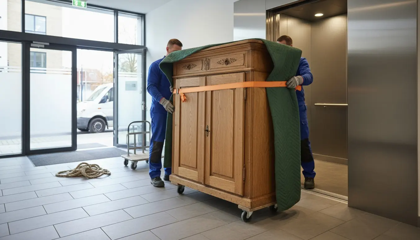 Et antikt karlekammerskab bæres ind i en opgangselevator, delvist pakket i flyttetæpper og håndteret med flytteudstyr.