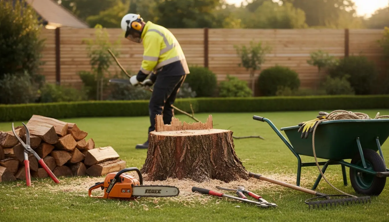 Gartner i sikkerhedsudstyr fælder og beskærer et træ i en velplejet have med værktøj og kløvet træ stablet ved siden af.