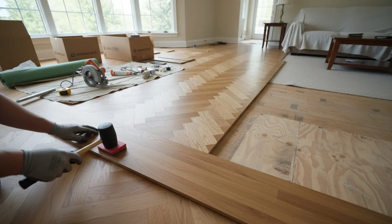 Nyt parket lægges i en stue med værktøj og udskiftet undergulv synligt.