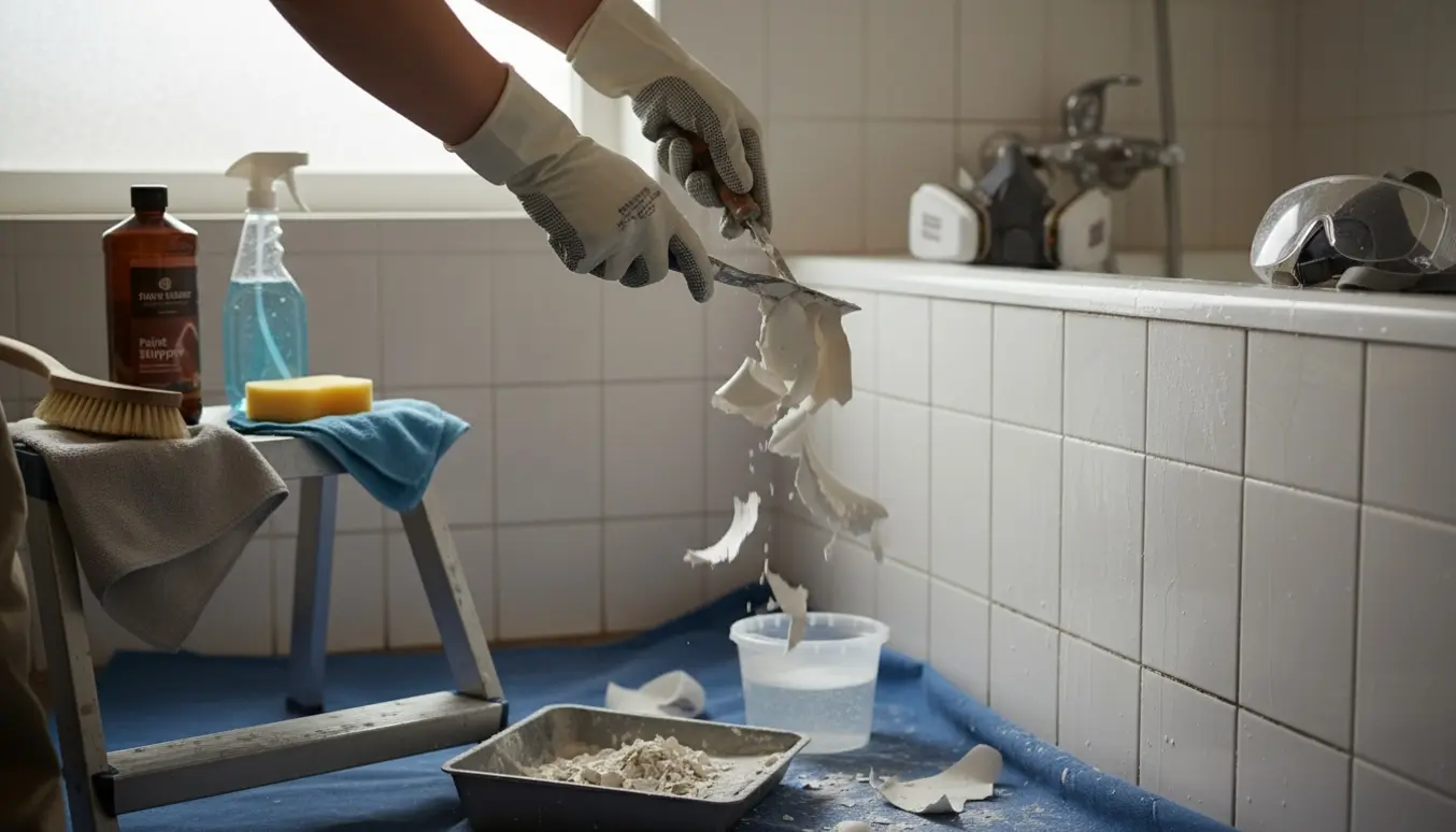 Hænder skraber maling af fliser i et kompakt badeværelse med rengøringsudstyr ved siden af.